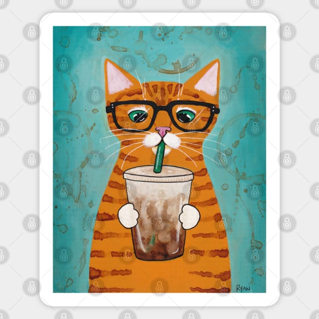 Ginger Tabby With Iced Coffee Sticker by KilkennyCat Art